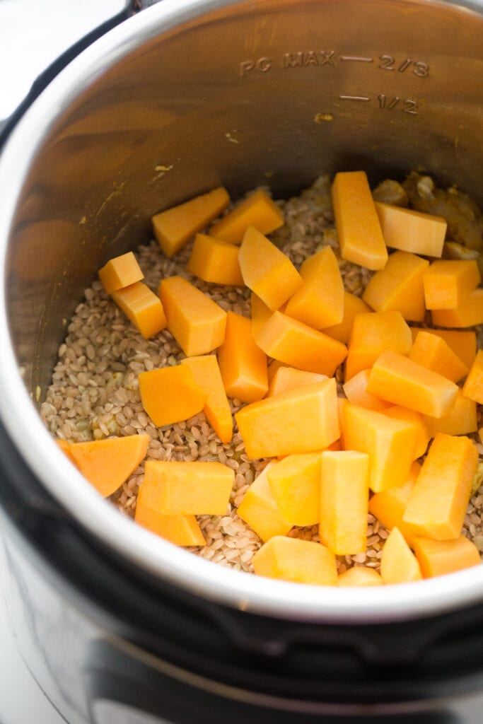 Overhead photo of an Instant Pot full of uncooked rice and diced butternut squash