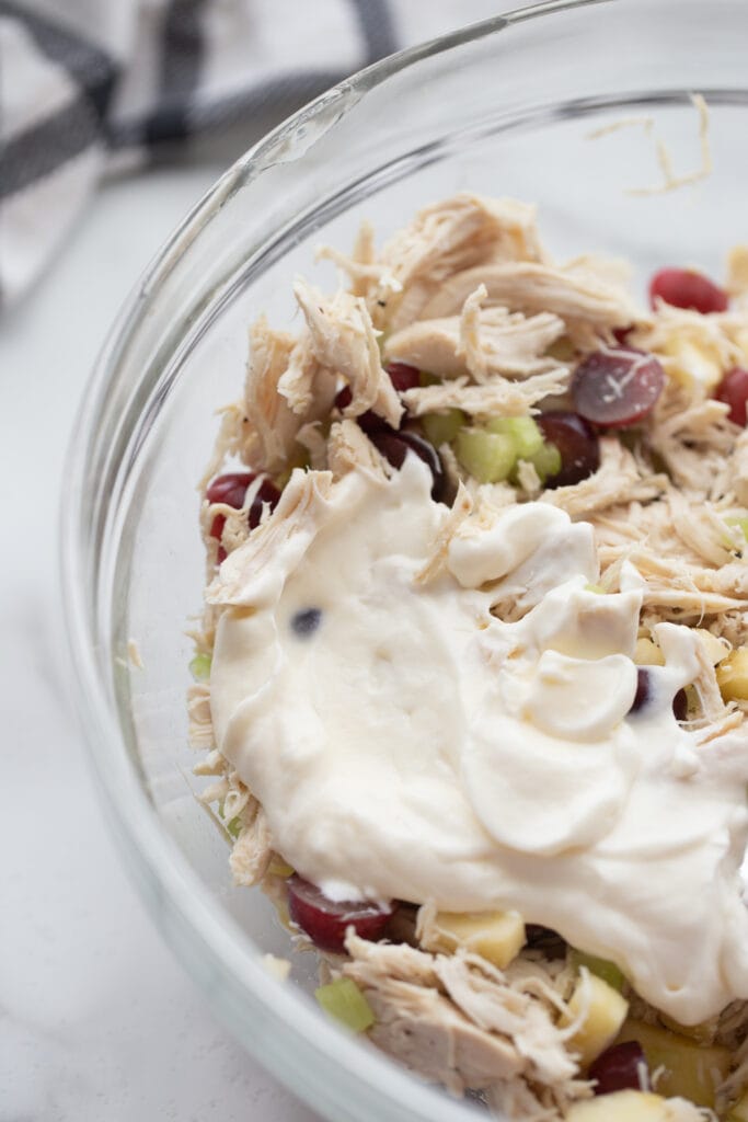 Healthy chicken salad topped with Greek yogurt and mayo. 
