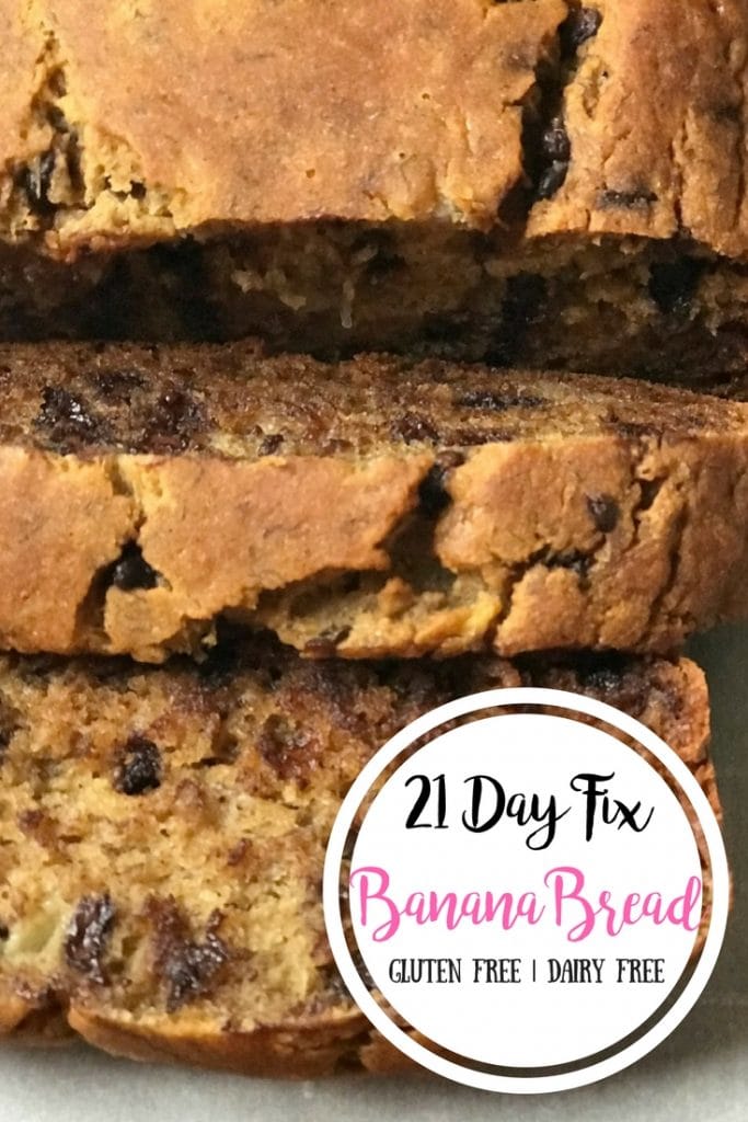 Overhead photo of sliced banana bread with white circle in the bottom right corner. In the circle is the text overlay- 21 Day Fix Banana Bread | Gluten Free | Dairy Free