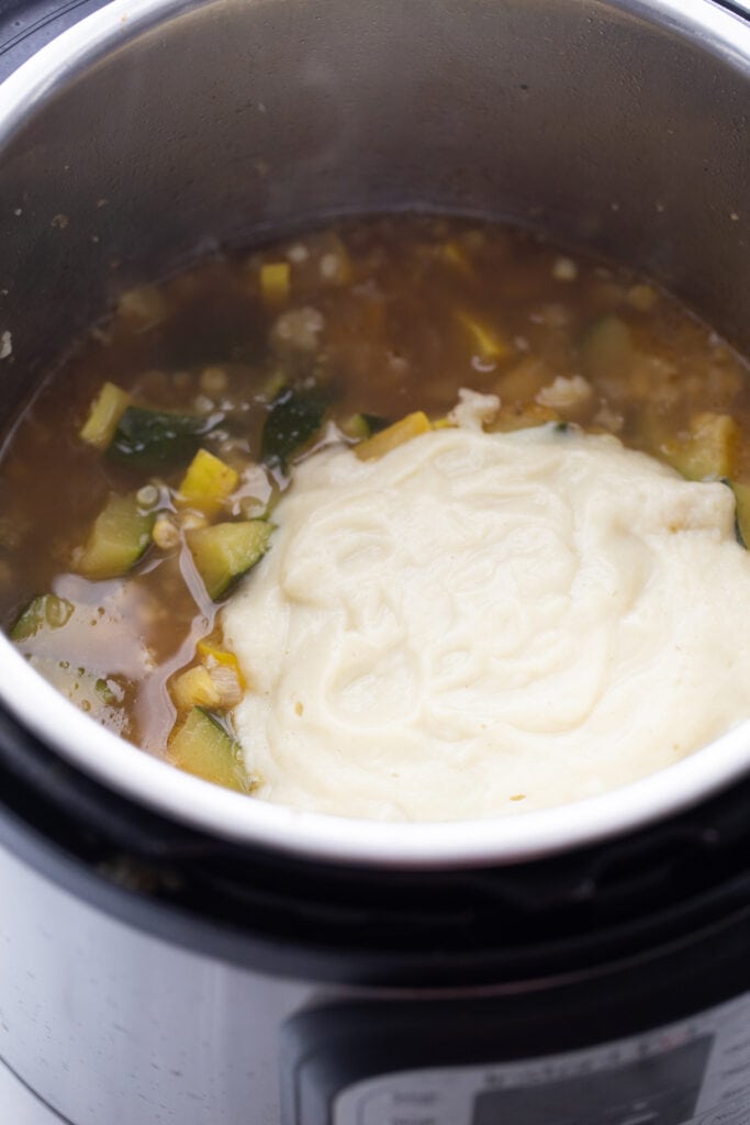 Cauliflower puree acting as a thickener in a pot of instant pot corn chowder 