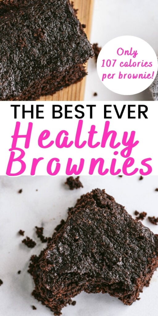 Two photo collage with black and pink text on a white background. Top and bottom photos both feature a homemade healthy brownie recipe, bottom photo has a bite taken out of it. 