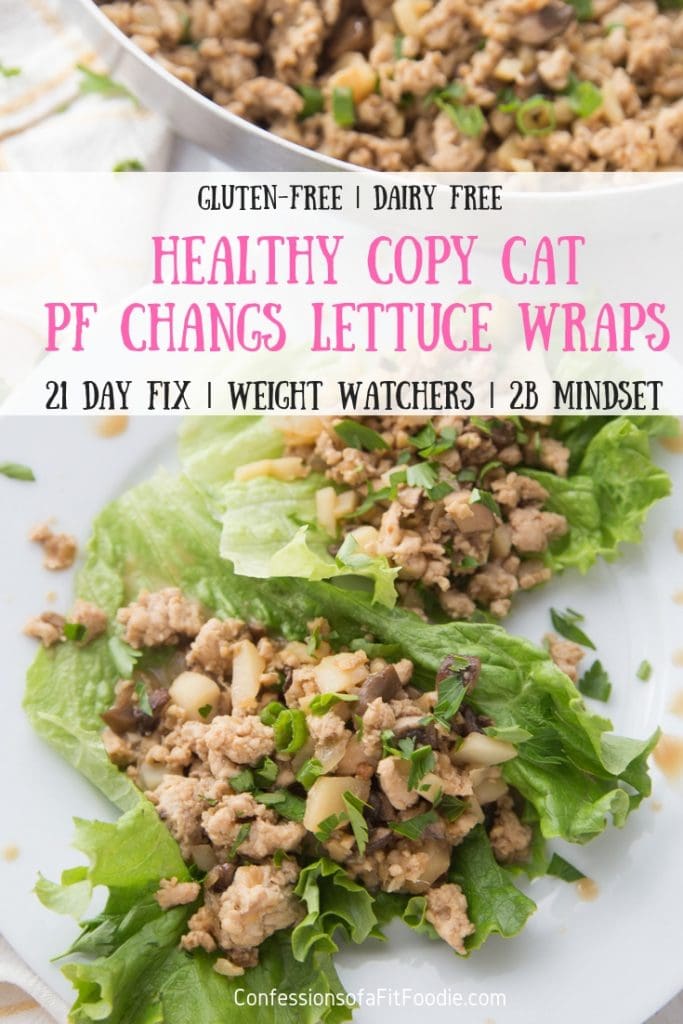 Ground chicken and veggie Lettuce wraps laying on a white plate with a pan of filling in the background- text overlay "Healthy copy cat PF Changs Lettuce Wraps, Gluten free | dairy free | 21day fix | Weight Watchers | 2B mindset