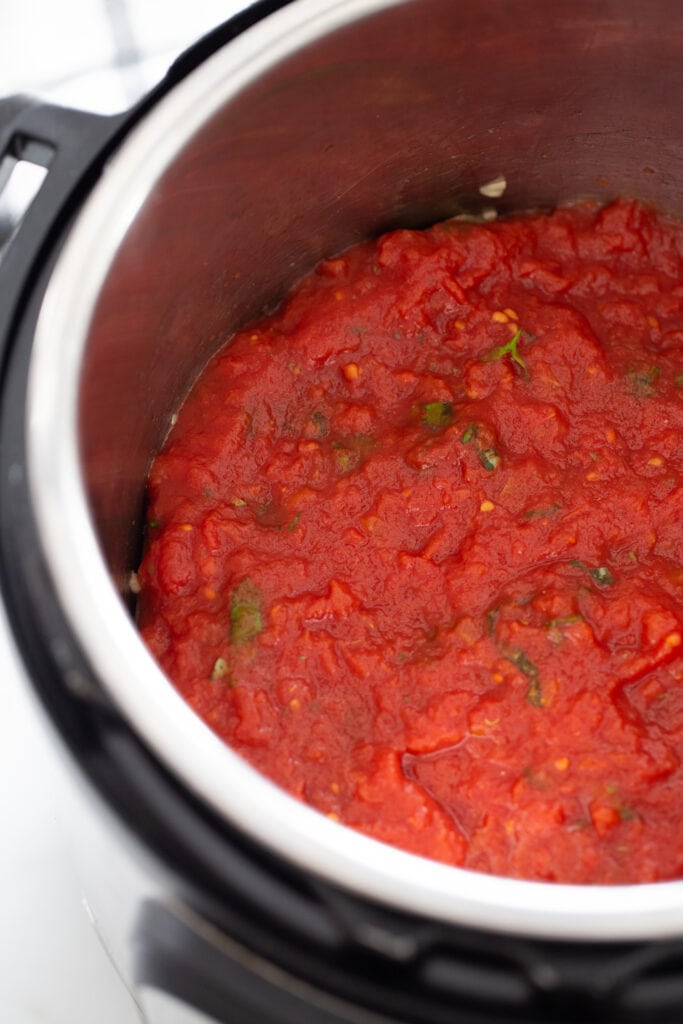 Overhead photo of tomato sauce in an Instant Pot.