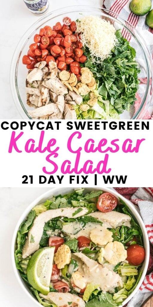 Two photo collage with pink and black text on a white rectangle. Text says, Copycat SweetGreen Kale Caesar Salad | 21 Day Fix | WW