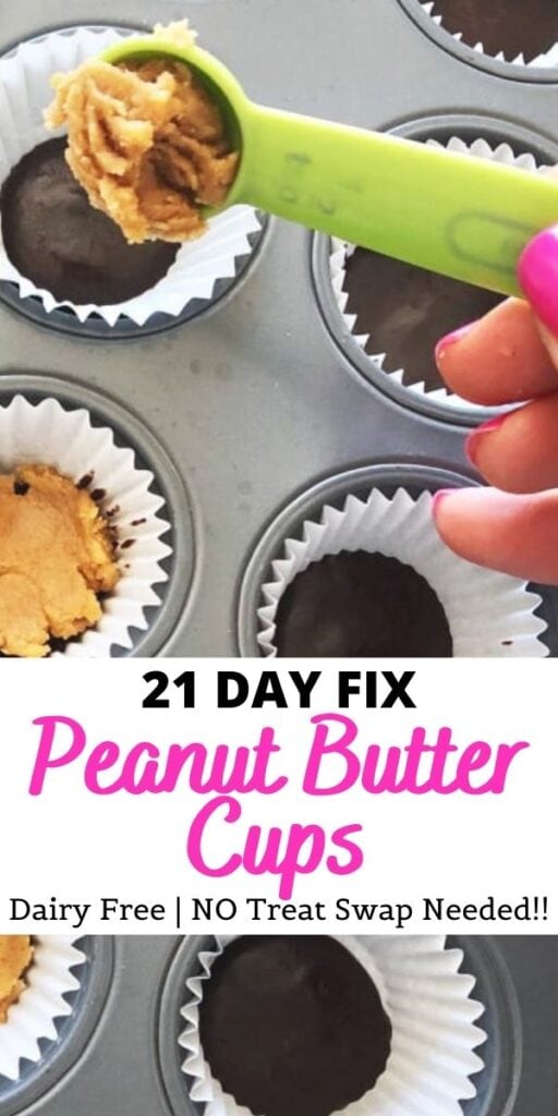 A mini muffin tin being filled with peanut butter filling on top of chocolate layer. Text overlay- 21 Day Fix - Only 1 1/2 tsp per cup! | Healthy Reese's Peanut Butter Cups | Confessions of a Fit Foodie