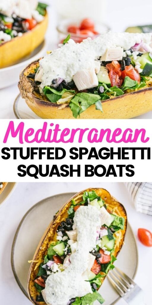 Two photo collage with black and pink text: Mediterranean Stuffed Spaghetti Squash Boats.