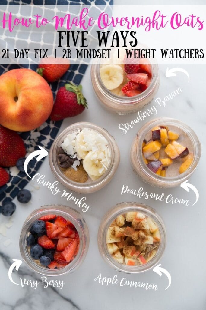 Overhead shot of overnight oats labeled with different flavors- strawberry banana, chunky monkey, peaches and cream, very berry, and apple cinnamon- with the text overlay How to Make Overnight Oats Five Ways, 21 Day Fix | 2B Mindset | Weight Watchers