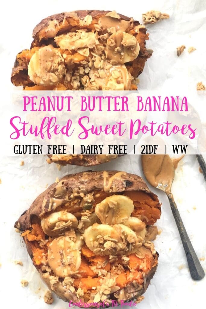 A Pinterest image of Peanut Butter Banana Stuffed Sweet Potatoes