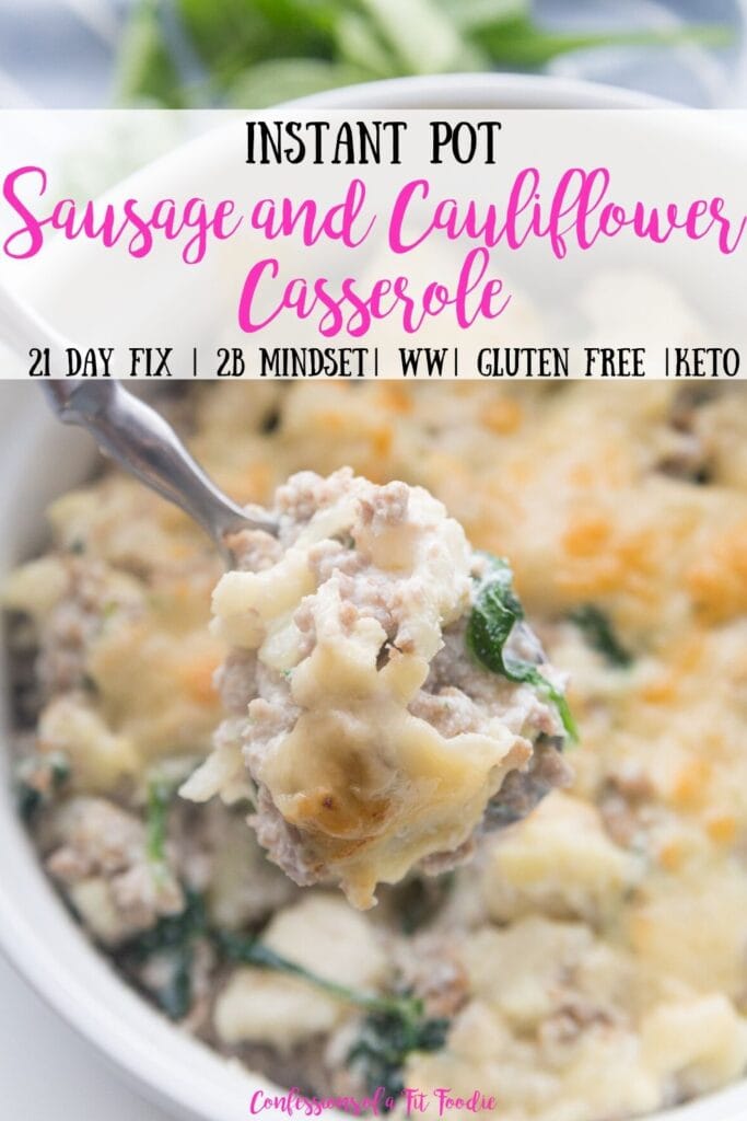 Pinterest Image with text overlay for Sausage and Cauliflower Casserole