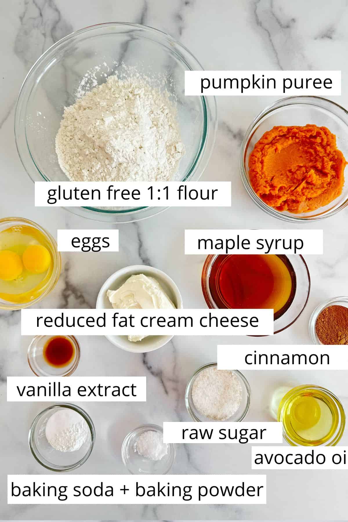 Ingredients for Healthy Pumpkin Cheese Cake Muffins.