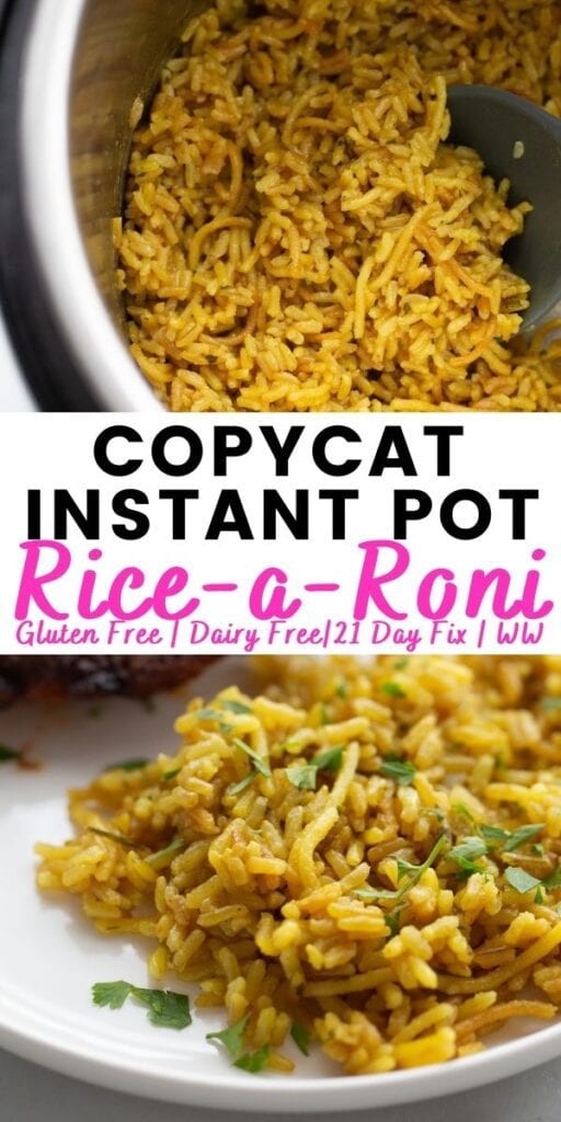 Pinterest image with text overlay copy cat rice a roni in the instant pot 