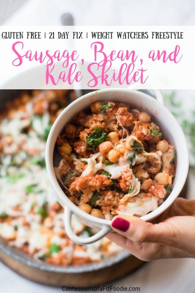 This Healthy Sausage, Bean, and Kale Skillet is so incredibly simple, you can have dinner on the table in WAY less than 30 minutes- and with only one pan to wash!  It's Gluten free, 21 Day Fix Approved, and also perfect for Weight Watchers. If kale isn't your thing, this can easily be made with spinach! #confessionsofafitfoodie #ultimateportionfix #21dayfixrecipes