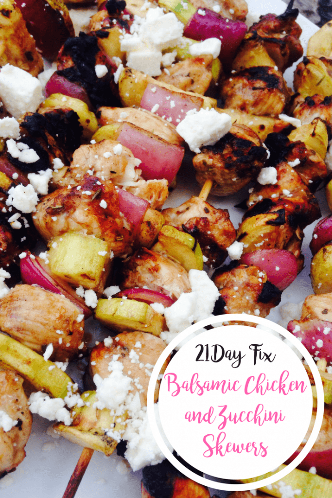Balsamic marinated chicken, zucchini, and red onion are alternated on skewers and grilled, then topped with feta- with the text overlay 21 Day Fix Balsamic Chicken and Zucchini Skewers